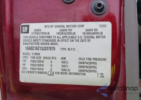 2002 GMC Yukon Xl 1500 Slt z USA, uszkodzony, nr VIN 1GKEC16Z12J237879